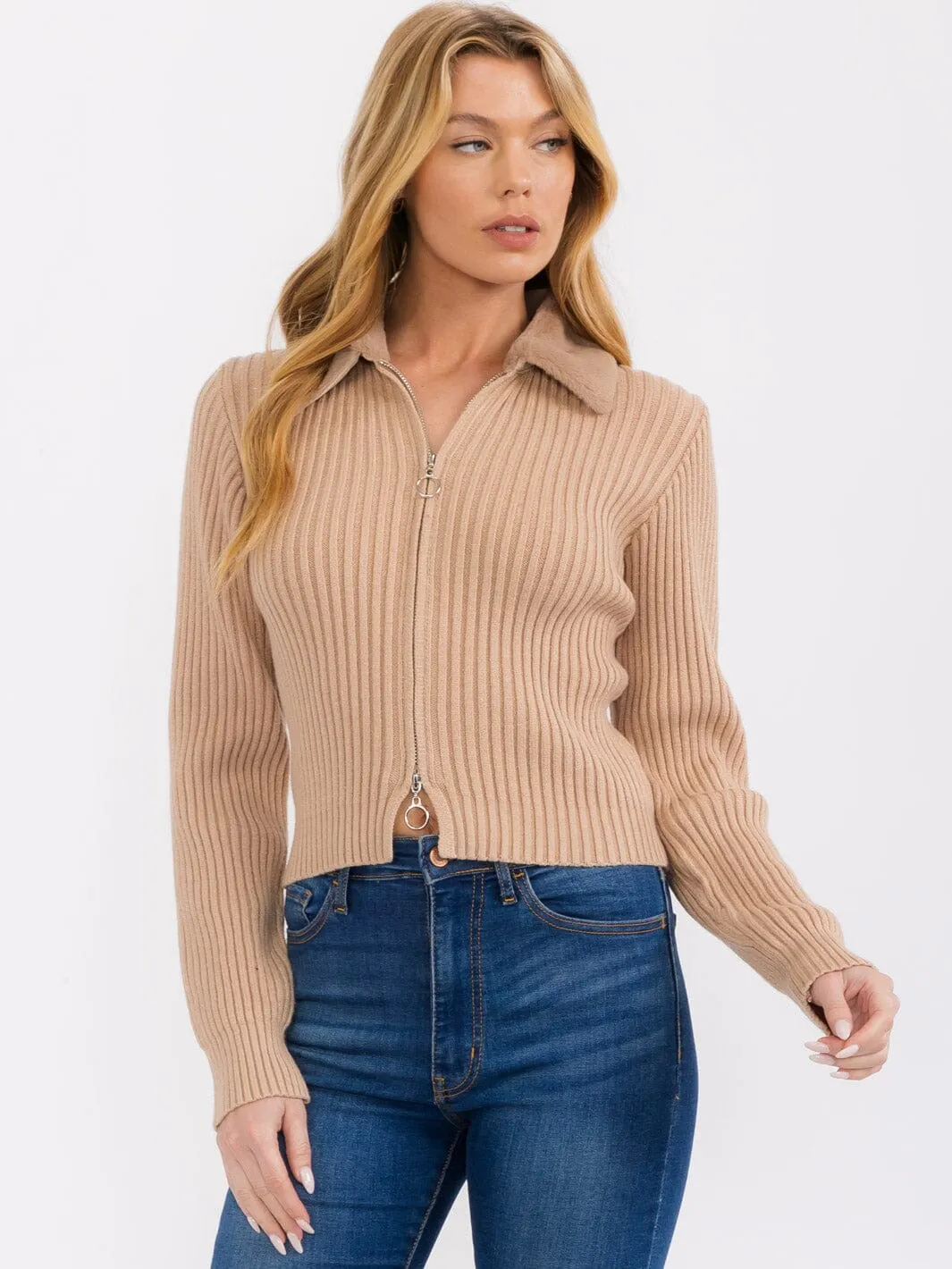 WOMEN'S LONG SLEEVE BOTH END ZIPPER RIBBED SHERPA COLLAR SWEATER