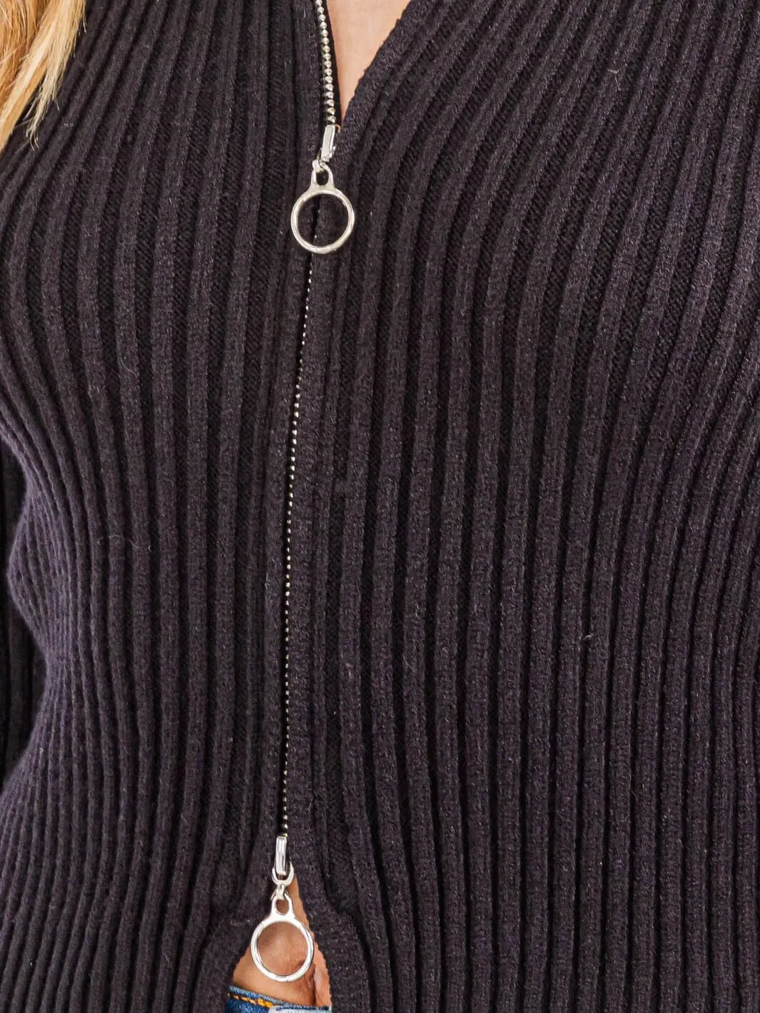 WOMEN'S LONG SLEEVE BOTH END ZIPPER RIBBED SHERPA COLLAR SWEATER