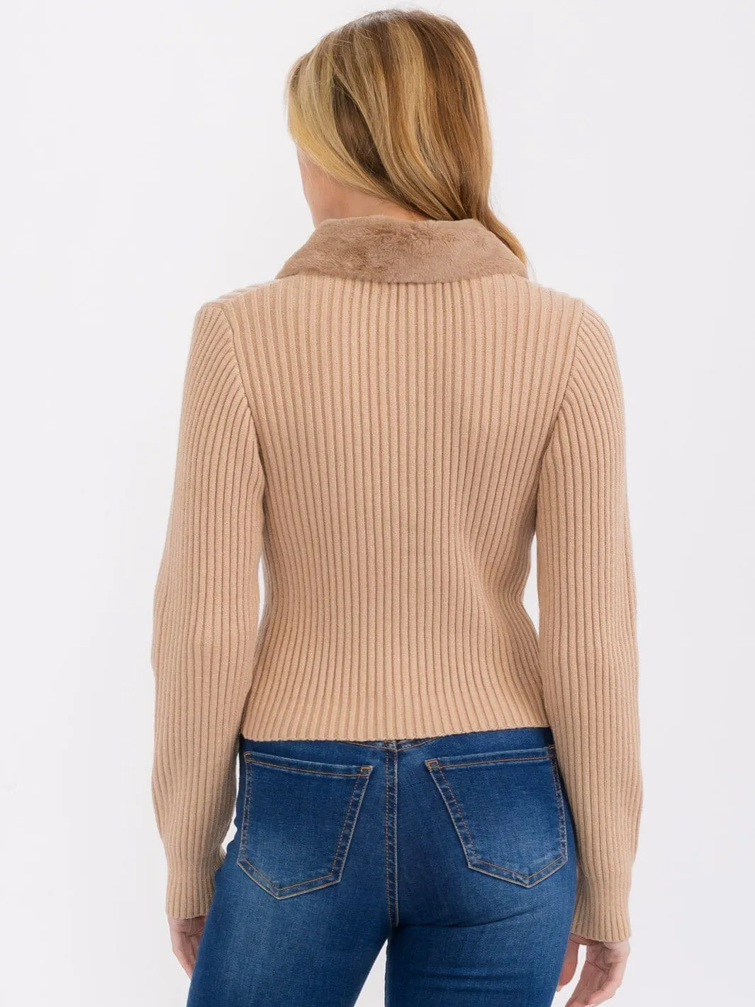 WOMEN'S LONG SLEEVE BOTH END ZIPPER RIBBED SHERPA COLLAR SWEATER
