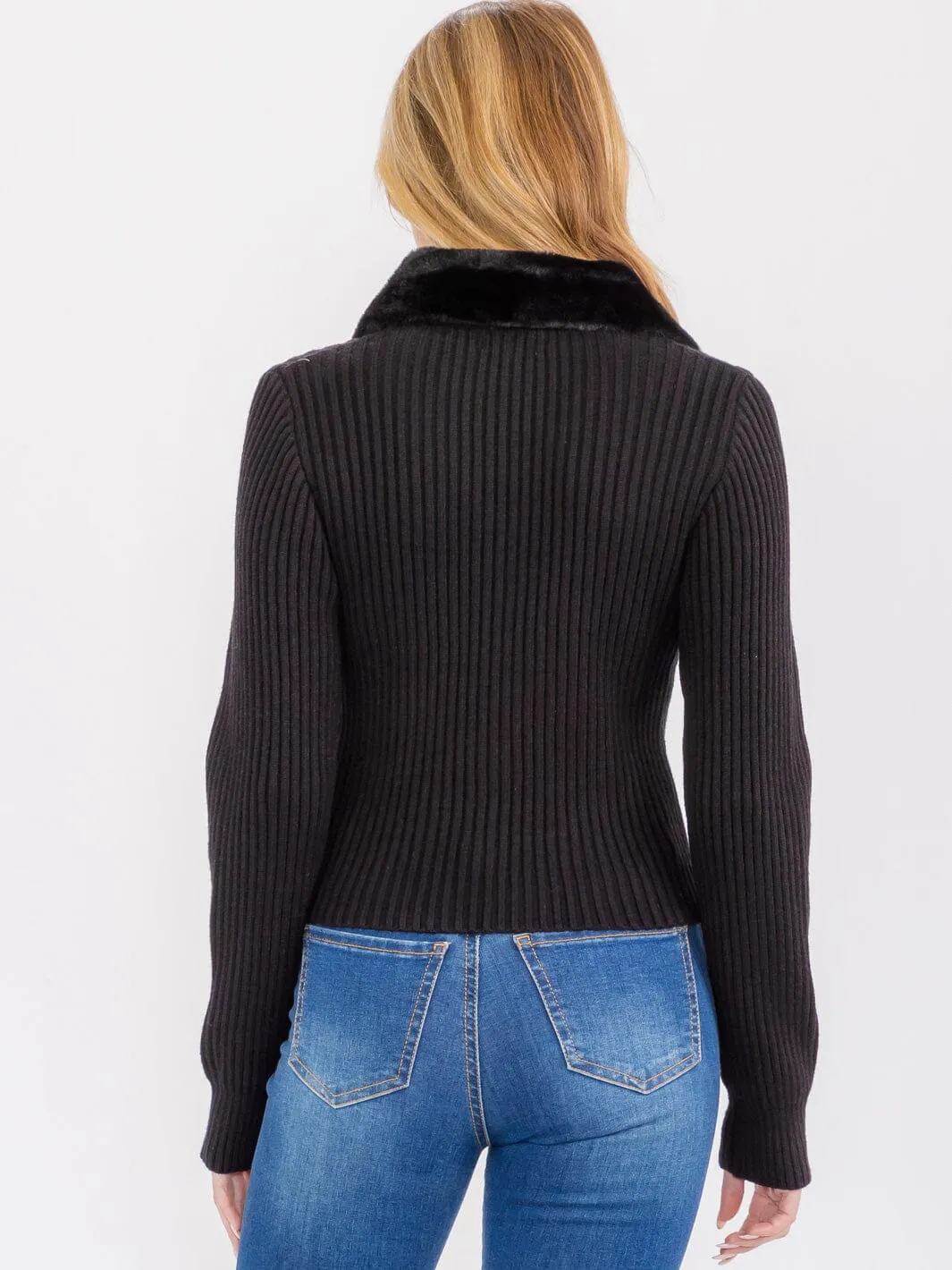 WOMEN'S LONG SLEEVE BOTH END ZIPPER RIBBED SHERPA COLLAR SWEATER