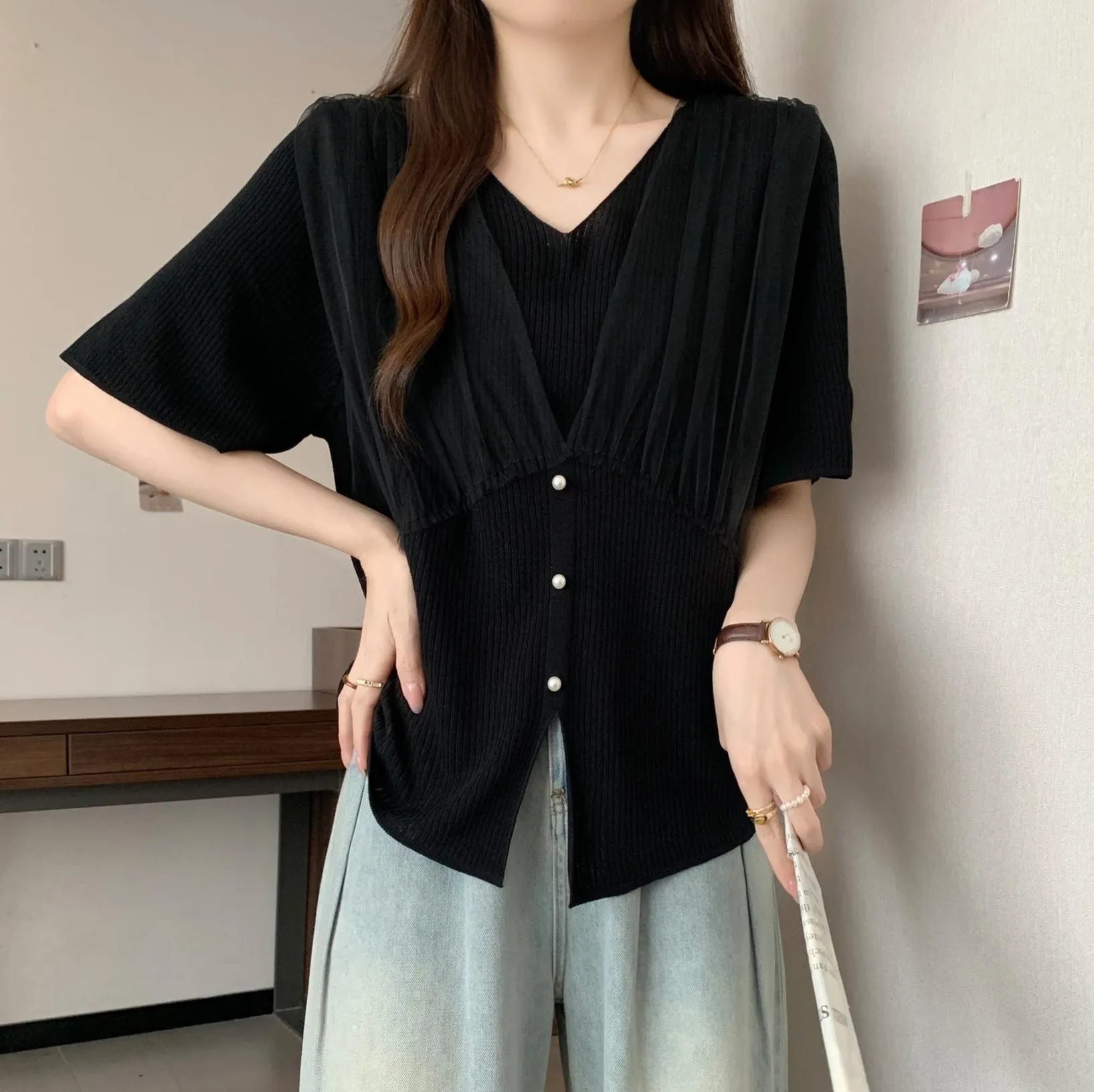 Women's Shirred V-neck Jersey Blouse in Sleek Black