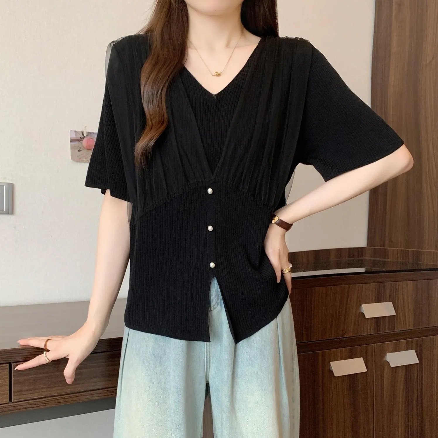 Women's Shirred V-neck Jersey Blouse in Sleek Black