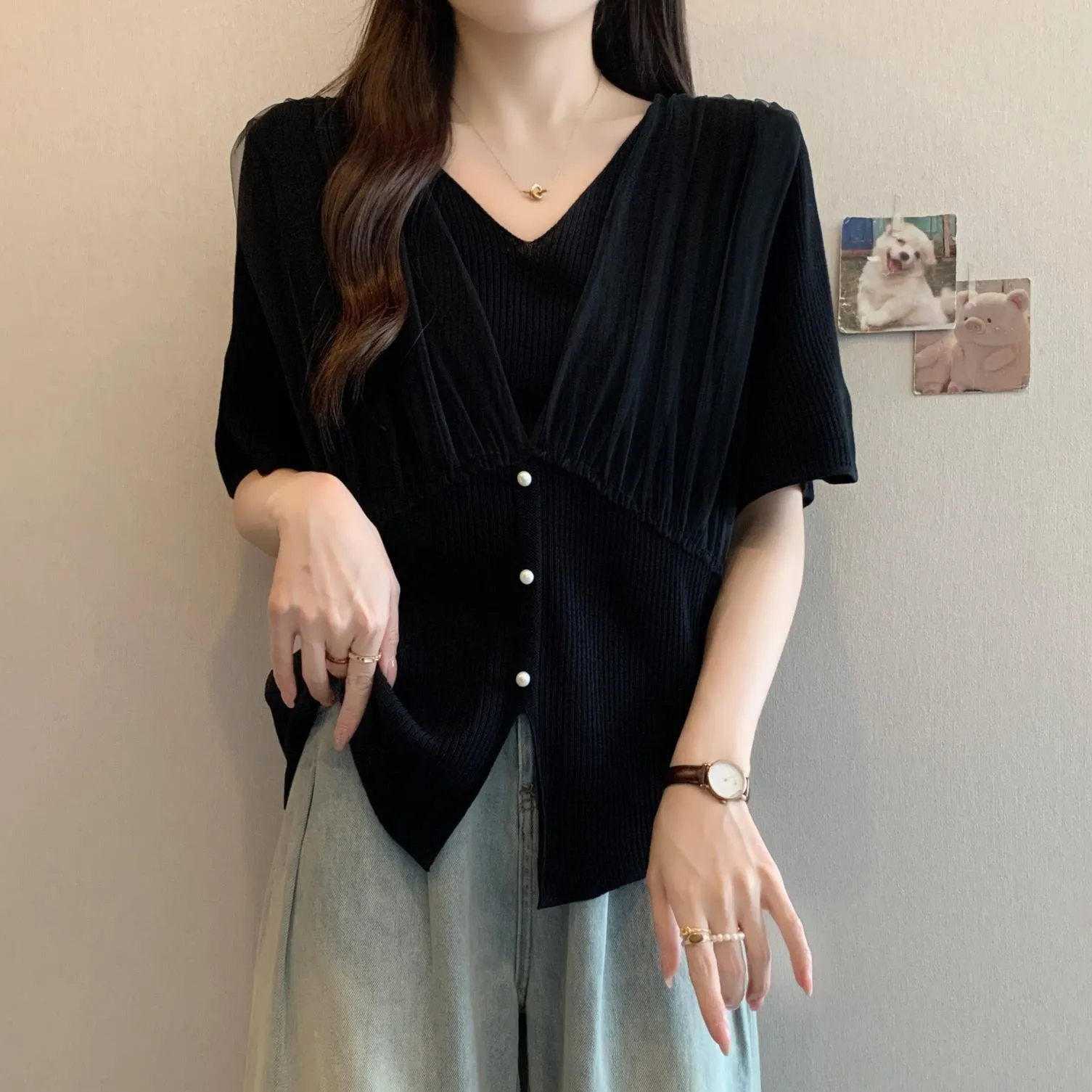 Women's Shirred V-neck Jersey Blouse in Sleek Black