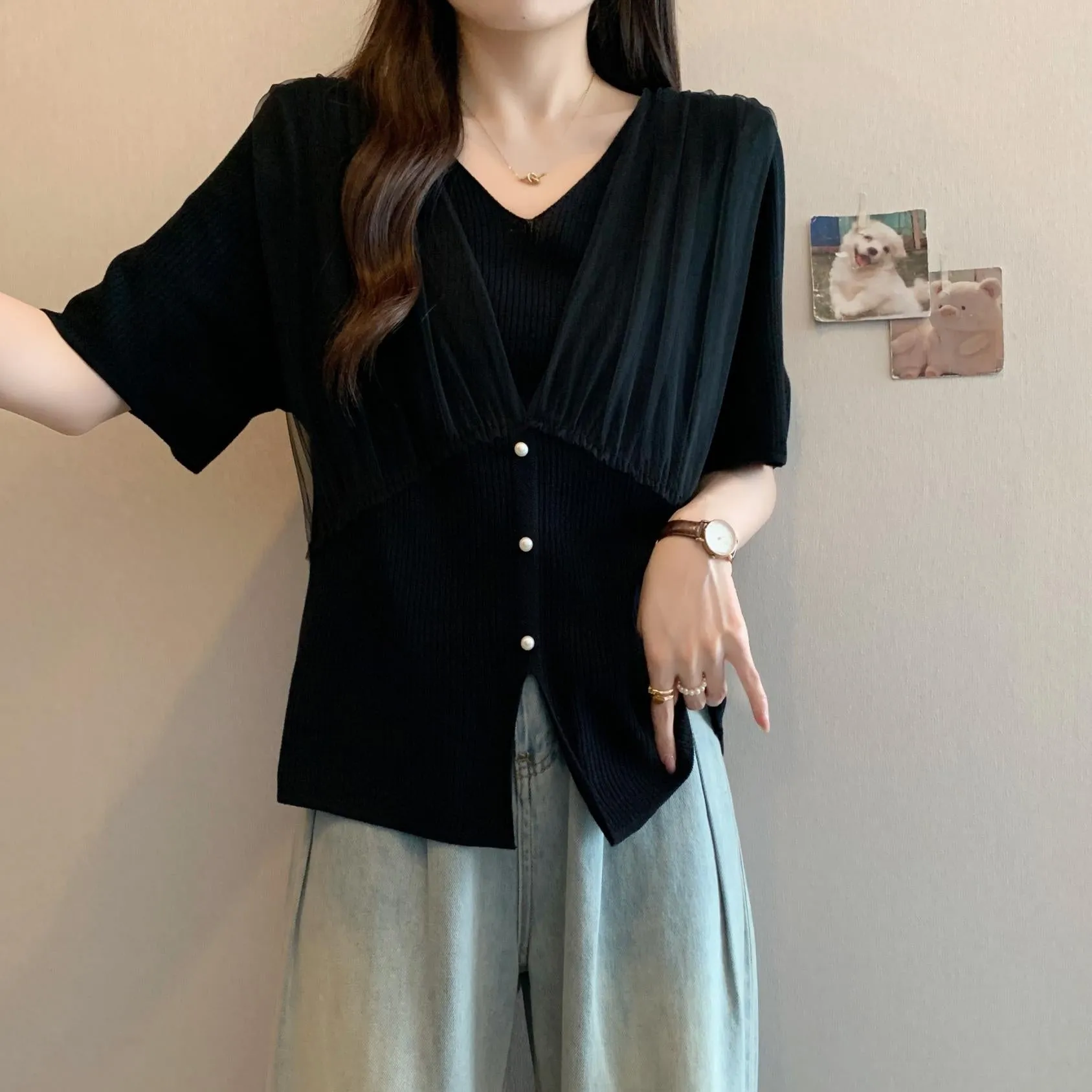 Women's Shirred V-neck Jersey Blouse in Sleek Black