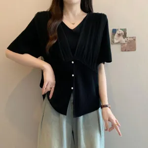 Women's Shirred V-neck Jersey Blouse in Sleek Black