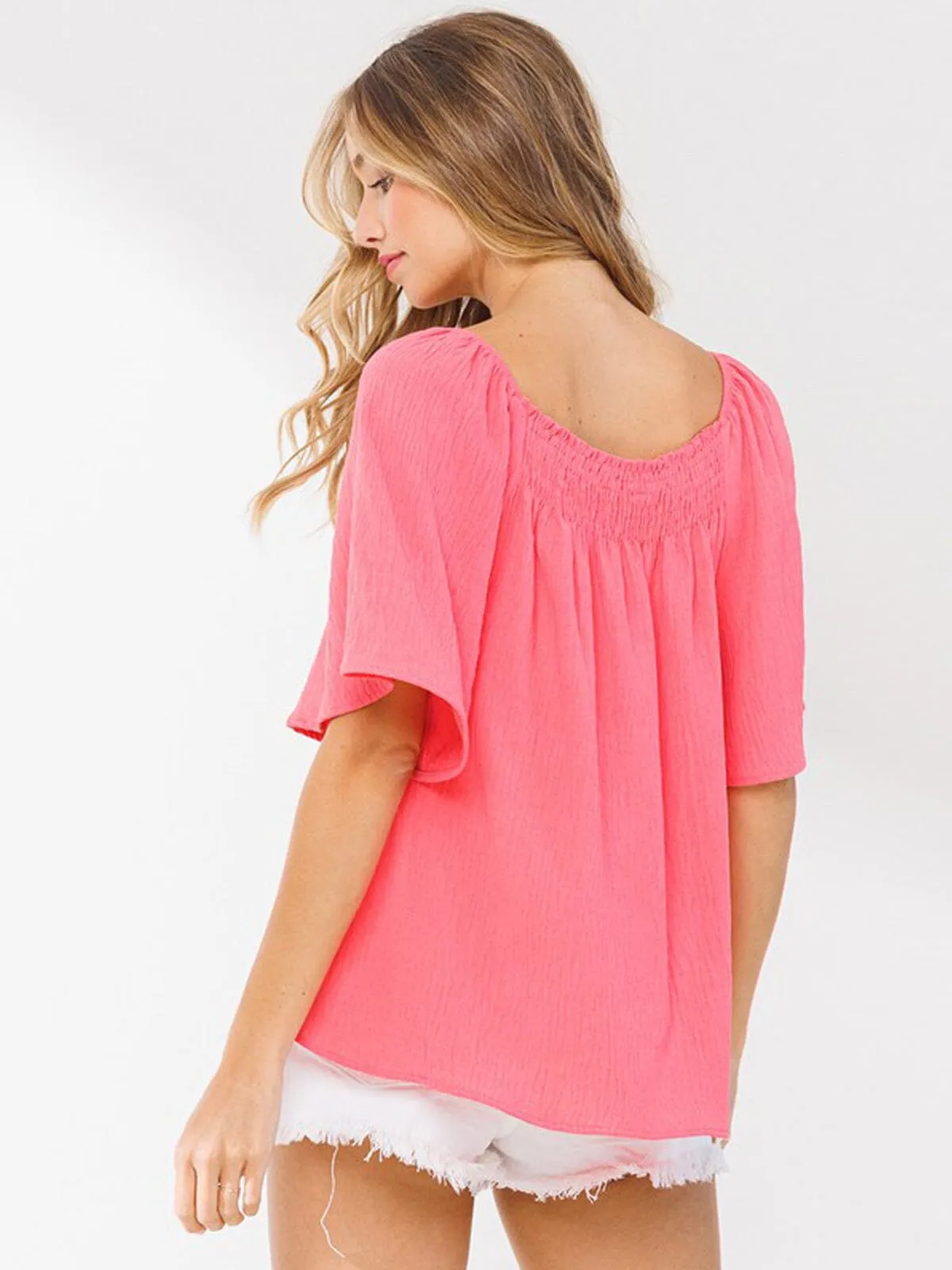 WOMEN'S SHORT SLEEVE SMOCK NECK LOOSE FIT TOP