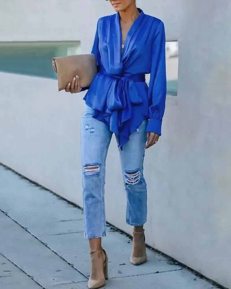 Xieyinshe - Asymmetric long sleeve top with tie detail