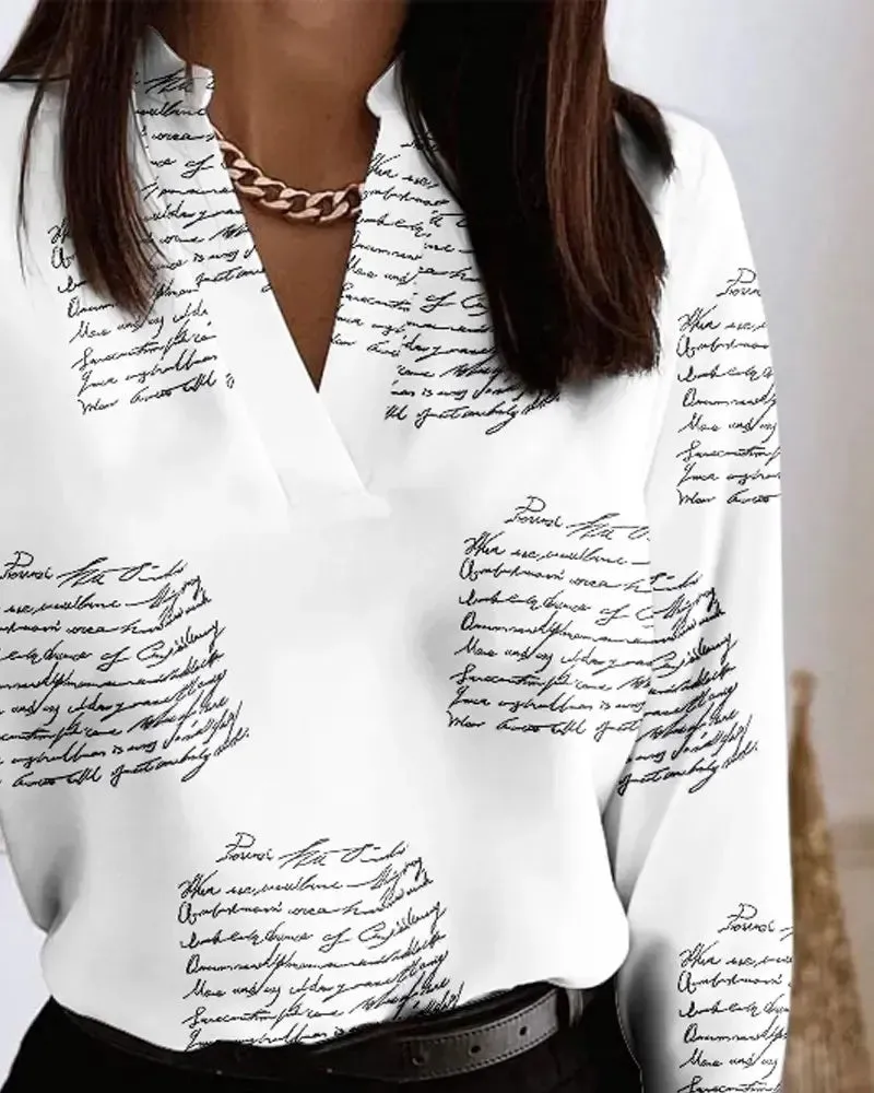 Xieyinshe - Casual Letter Print V-Neck Long Sleeve Top