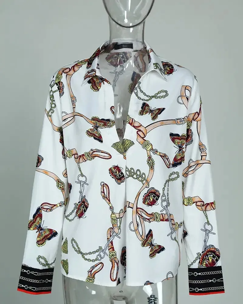 Xieyinshe - Chain Butterfly Print Long Sleeve Casual Shirt