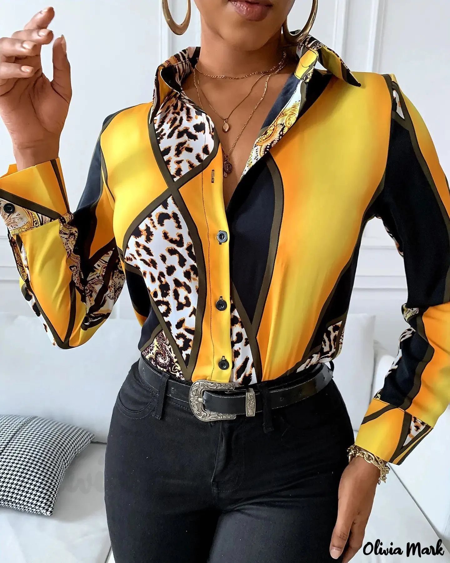Xieyinshe - Cheetah Print Button Down Long Sleeve Shirt