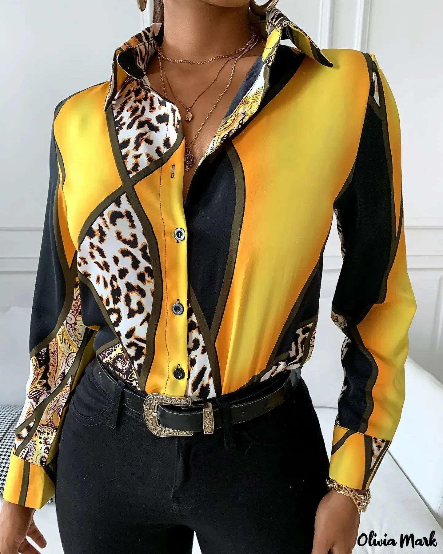 Xieyinshe - Cheetah Print Button Down Long Sleeve Shirt