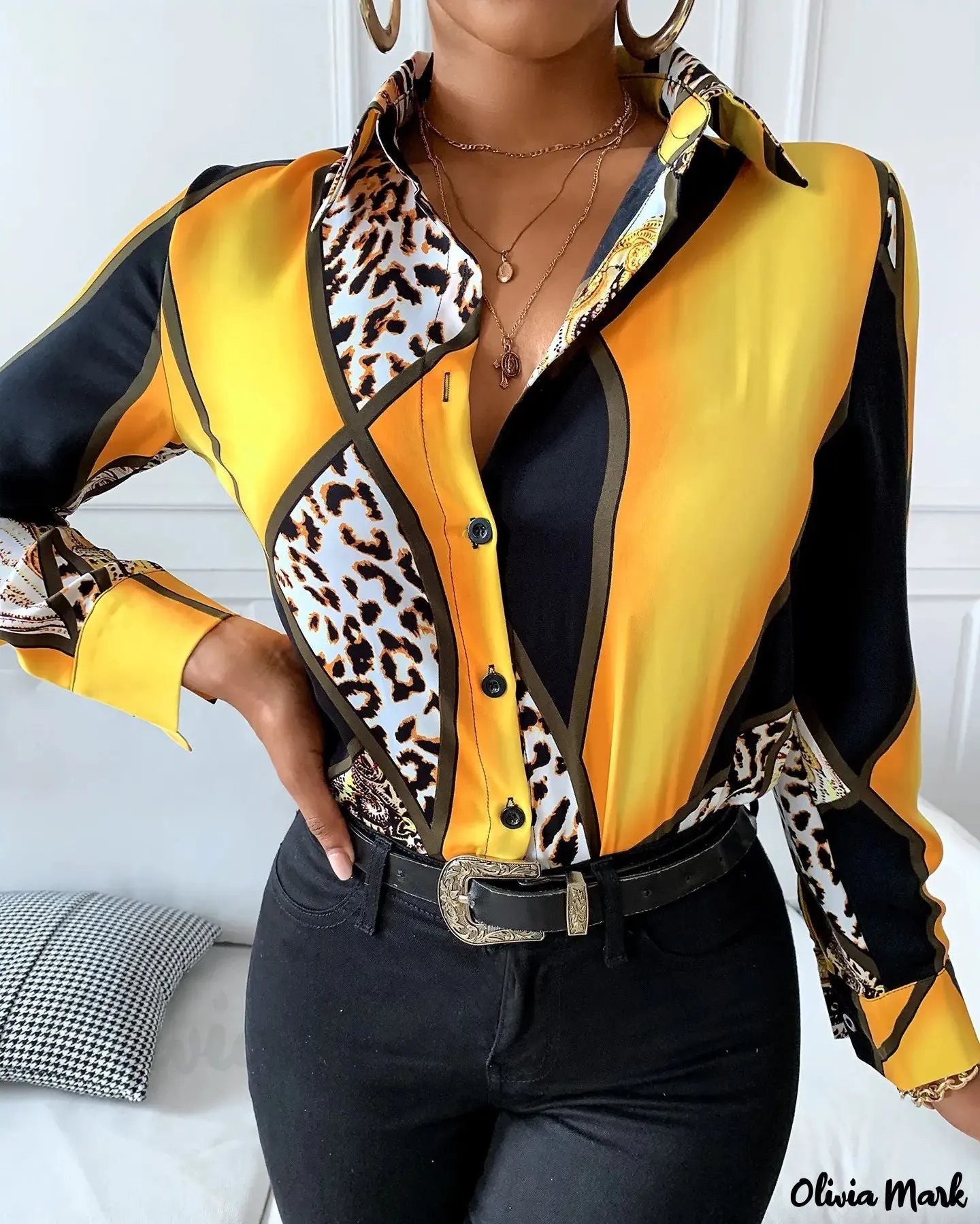 Xieyinshe - Cheetah Print Button Down Long Sleeve Shirt