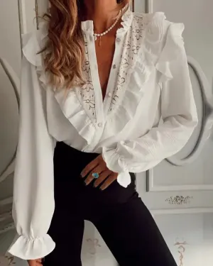 Xieyinshe - Floral Lace Ruffle Long Sleeve Button Up Top