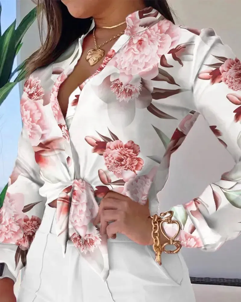 Xieyinshe - Floral Print Long Sleeve Button Down Shirt