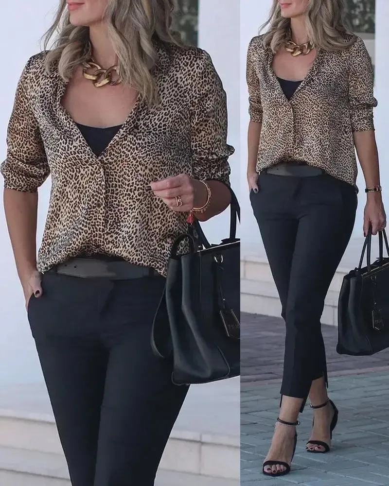 Xieyinshe - Leopard Print Long Sleeve Button Down Shirt