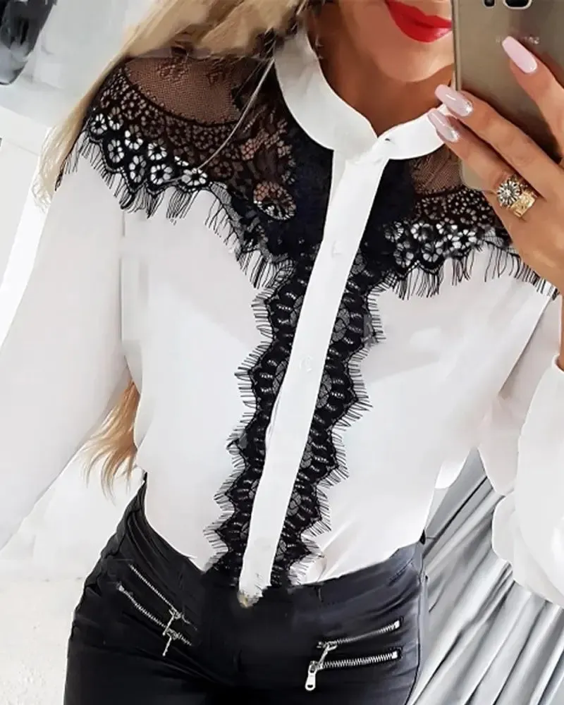 Xieyinshe - Long sleeve button up top with fringed lace patch