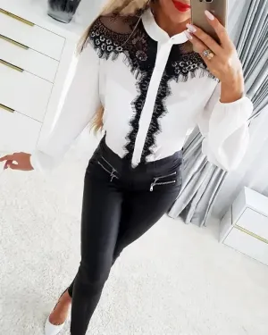 Xieyinshe - Long sleeve button up top with fringed lace patch