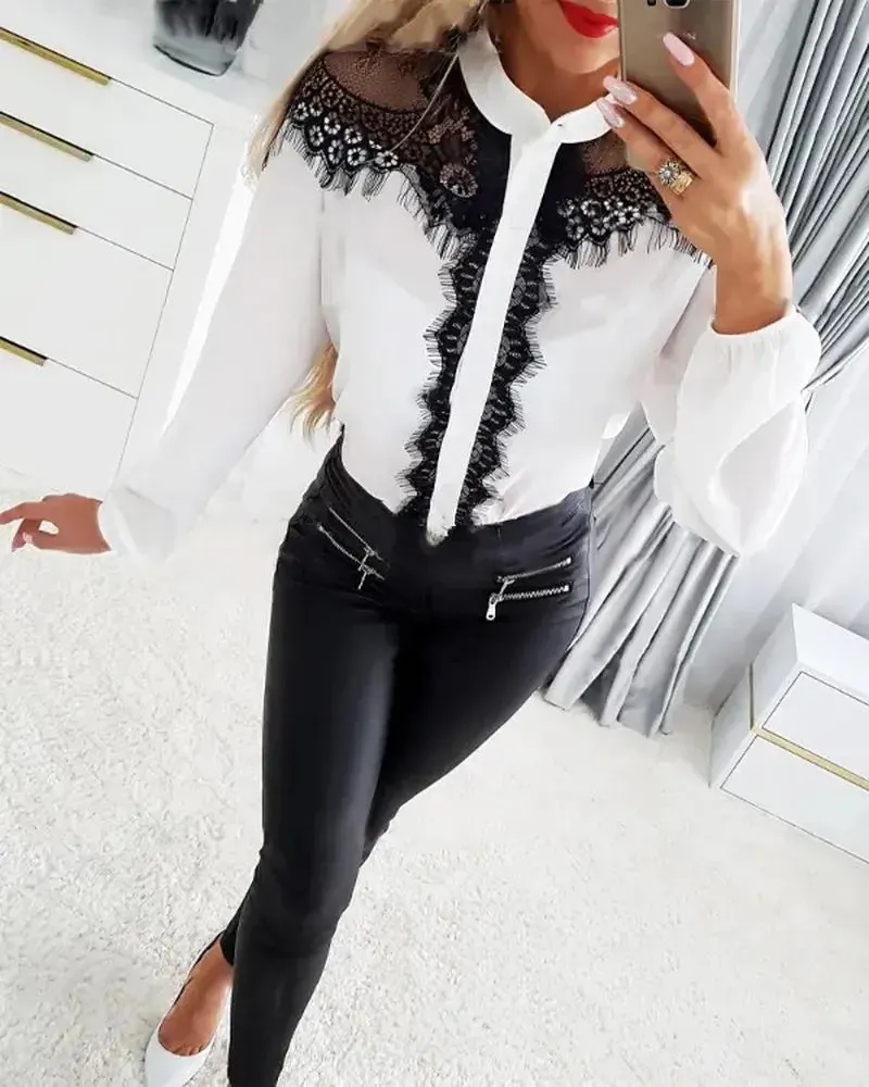 Xieyinshe - Long sleeve button up top with fringed lace patch
