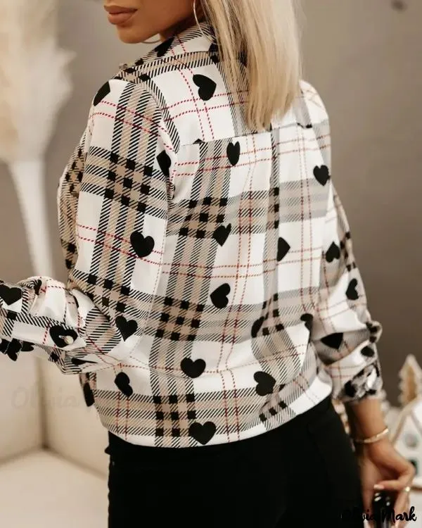Xieyinshe - Long Sleeve Plaid Heart Print Button Down Shirt