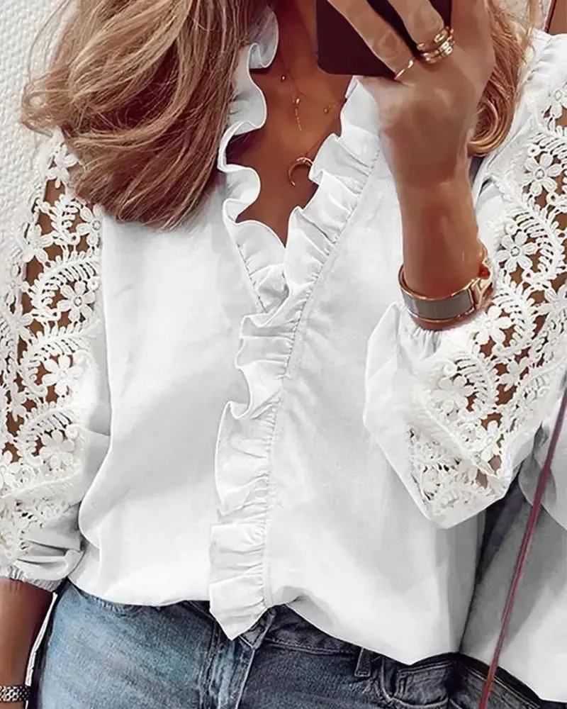 Xieyinshe - Long sleeve top with crochet lace insert and ruffled hem