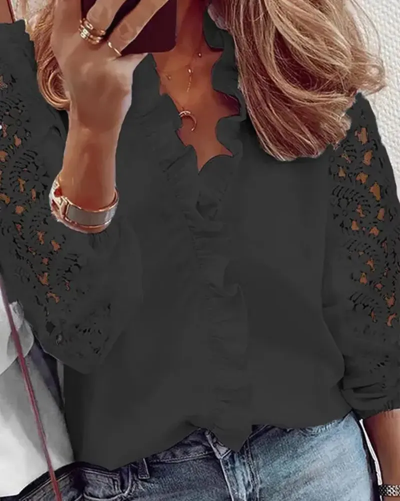 Xieyinshe - Long sleeve top with crochet lace insert and ruffled hem