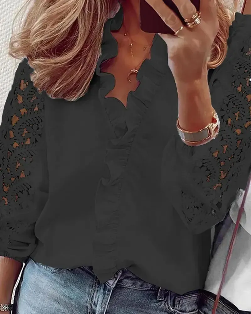 Xieyinshe - Long sleeve top with crochet lace insert and ruffled hem