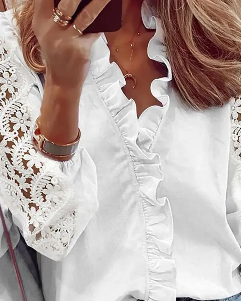 Xieyinshe - Long sleeve top with crochet lace insert and ruffled hem
