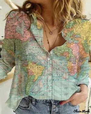 Xieyinshe - Map Print Long Sleeve Button Down Shirt