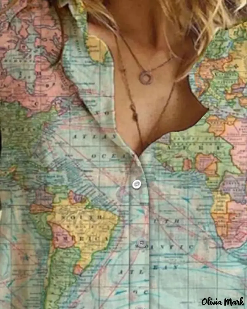 Xieyinshe - Map Print Long Sleeve Button Down Shirt