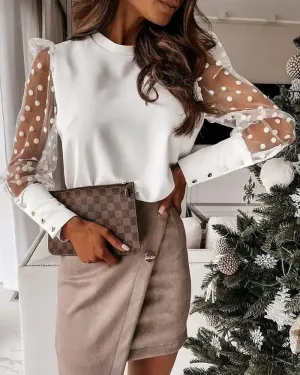 Xieyinshe - Polka Dot Sheer Mesh Long Sleeve Top