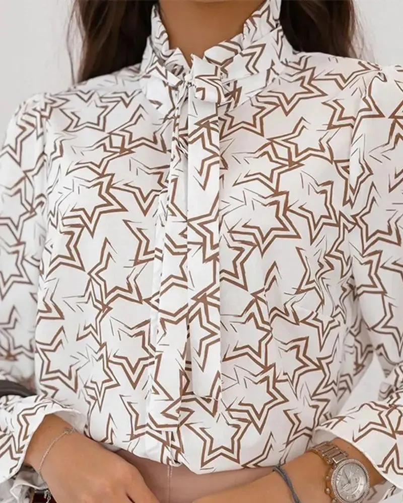 Xieyinshe - Star Print Tie Neck Long Sleeve Top