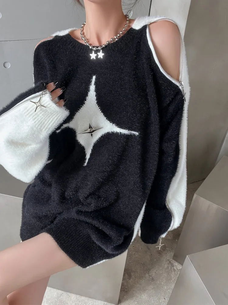 Y2K Star Zip-Up Shoulder Sweater