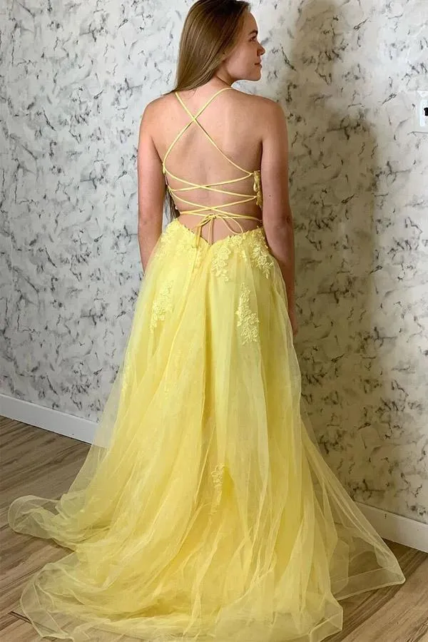 Yellow A-line Spaghetti Straps Lace Up Prom Dress With Lace Appliques, SP662